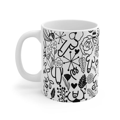 White ceramic mug with black cheeky flower and willy doodle design, glossy finish, 11oz size, microwave and dishwasher safe