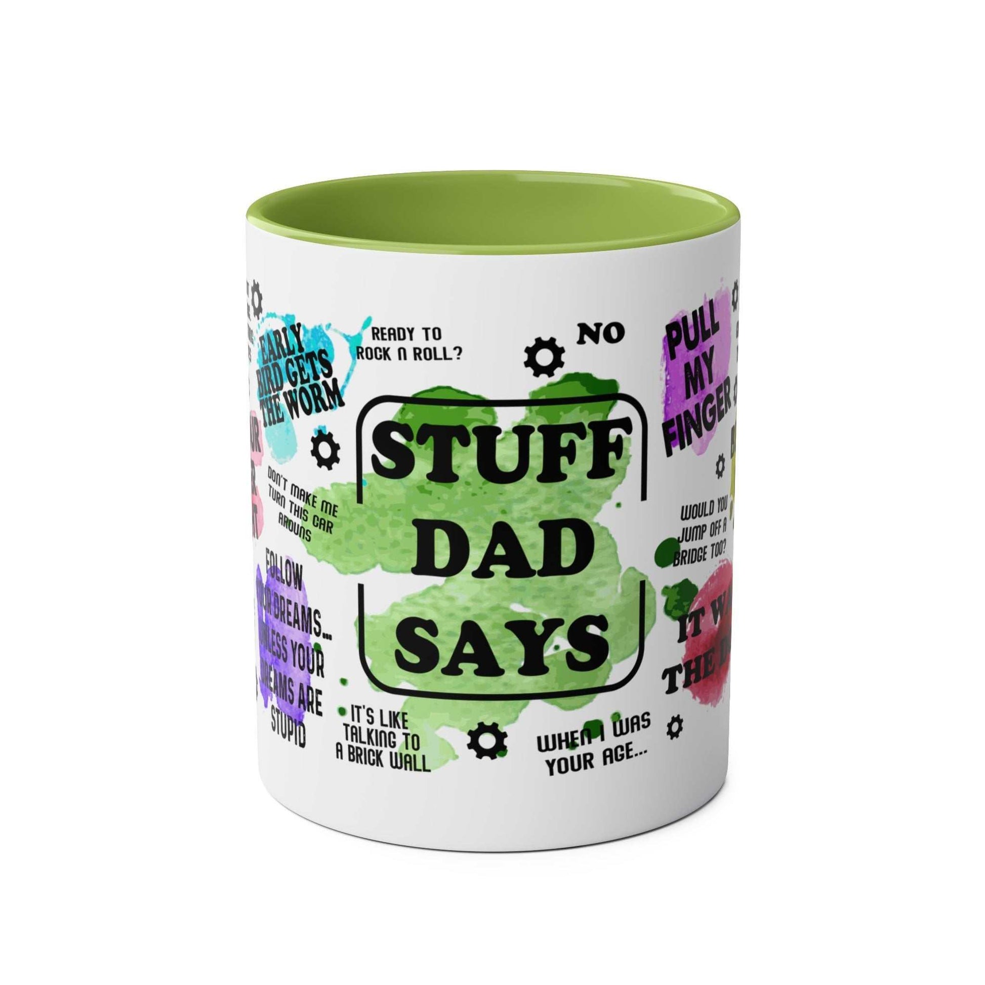 Fun Fathers Day Gift Mug with colorful quotes, green interior, 11oz ceramic, glossy finish.