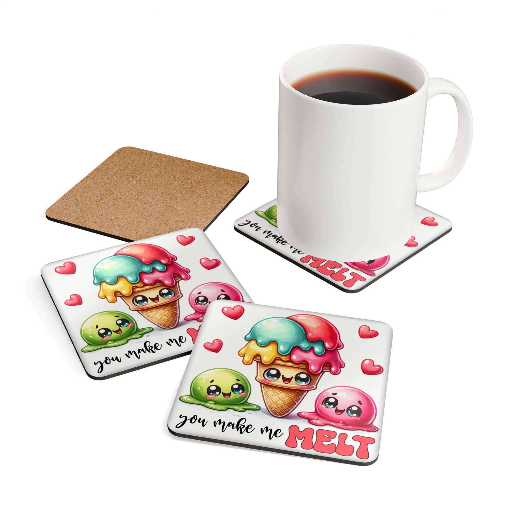 You Make Me Melt Coaster Set with ice cream design, high-gloss MDF top, cork back, heat-resistant, and non-slip features.