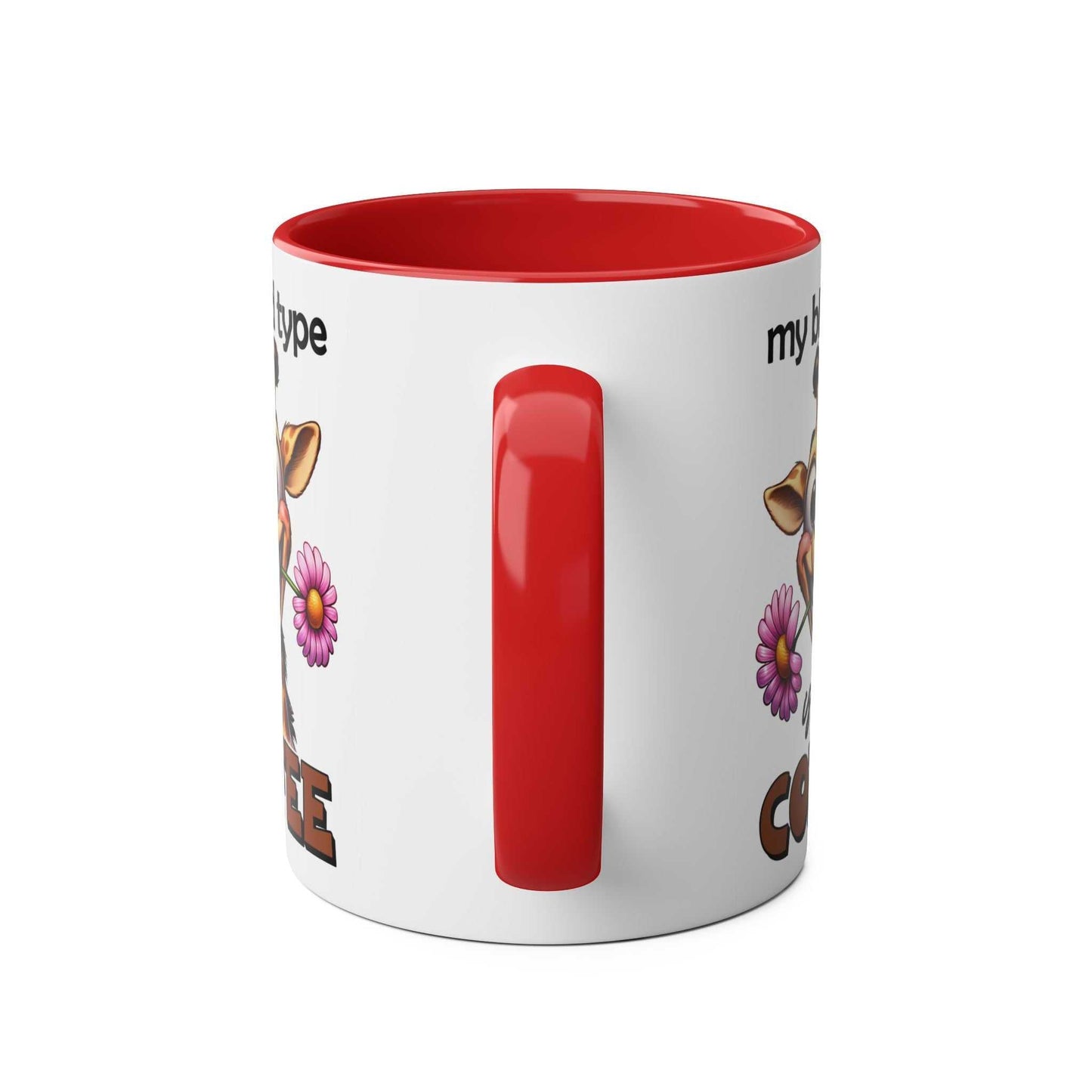 Funny giraffe design on 'My Blood Type Coffee Mug', red handle, 11oz ceramic.