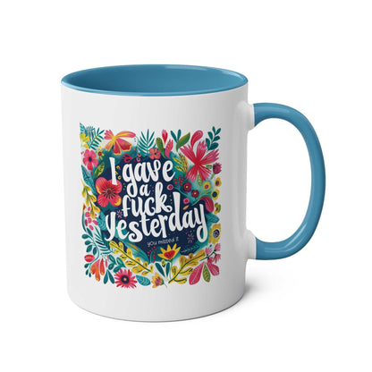 I Gave a Fuck Coffee Mug with floral design, 11oz ceramic, blue interior, glossy finish.