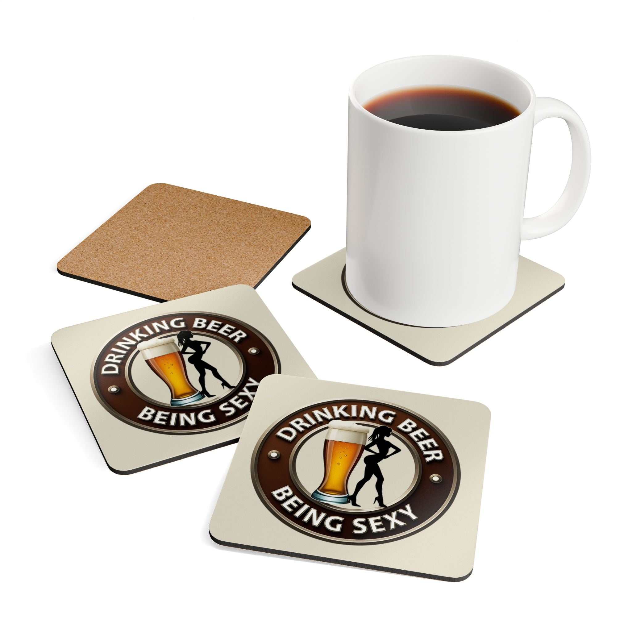 Sexy coaster set with cheeky design, featuring a high-gloss top and cork backing, perfect for adding fun to gatherings.