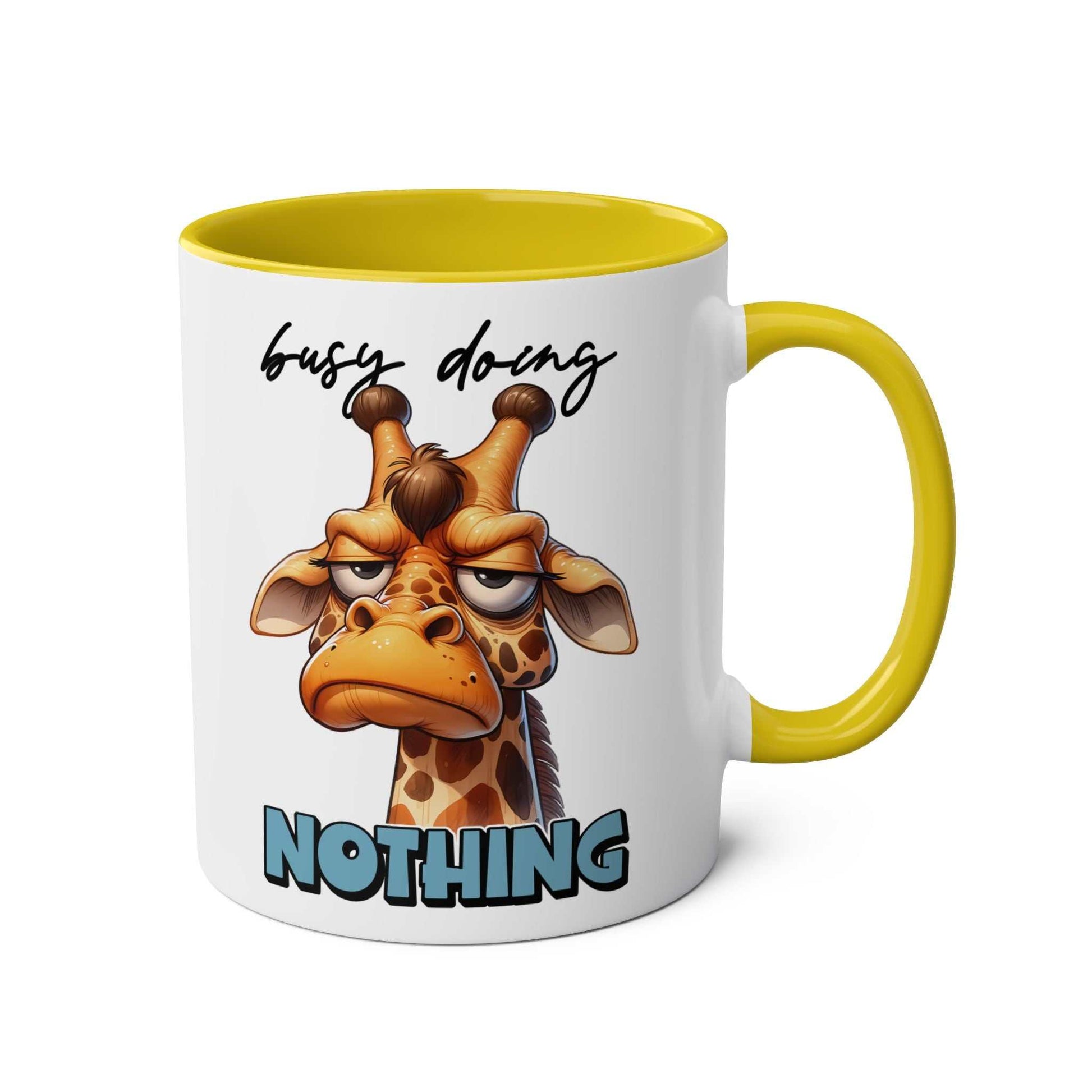 Giraffe design coffee mug with "busy doing nothing" text.