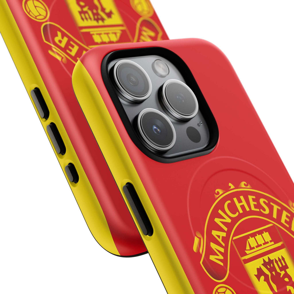 Manchester United MagSafe iPhone case with red and yellow dual-layer design, official-inspired crest, and MagSafe compatibility for protection and wireless charging