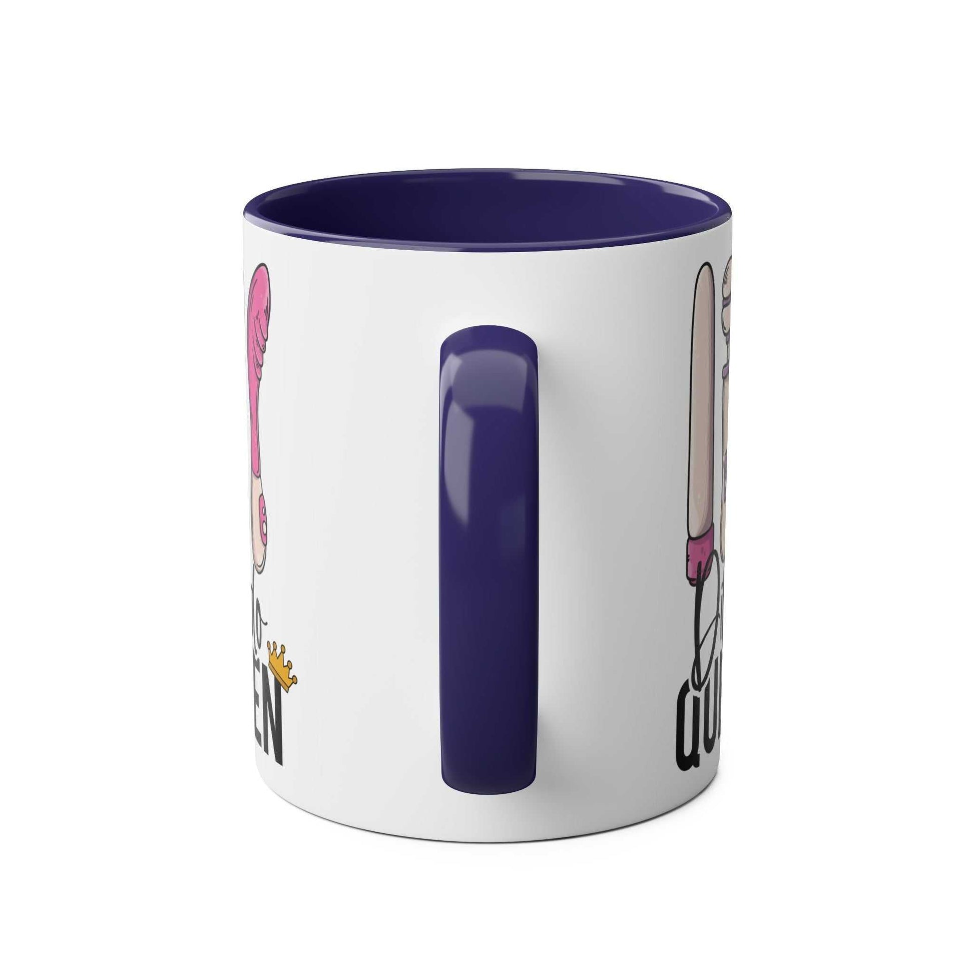 Dildo Queen Coffee Mug with playful design, available in 7 colors, glossy 11oz ceramic, microwave and dishwasher safe.