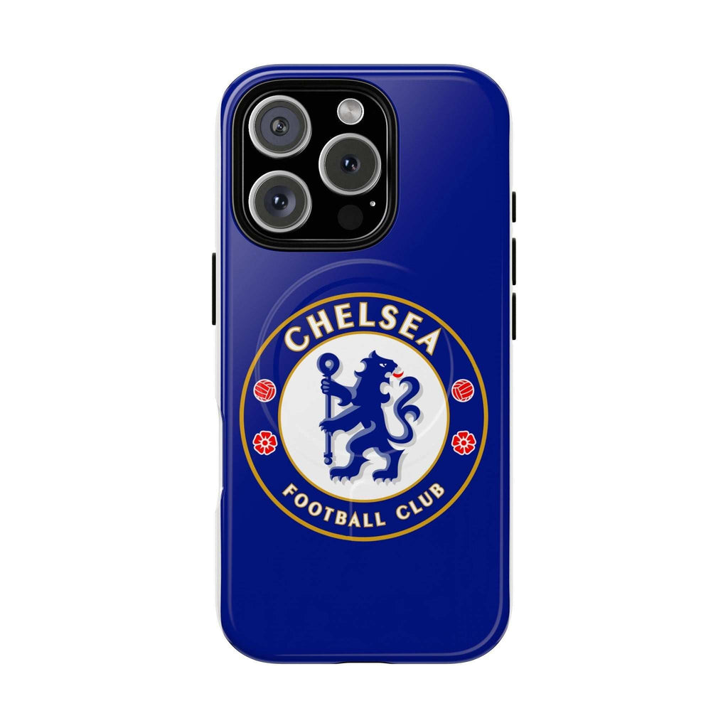 Chelsea FC MagSafe iPhone case in royal blue with club crest and durable dual-layer protection