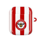 Brentford FC AirPods protective case with red and white stripes and bee crest, durable, shock-resistant, compatible with AirPods and AirPods Pro.