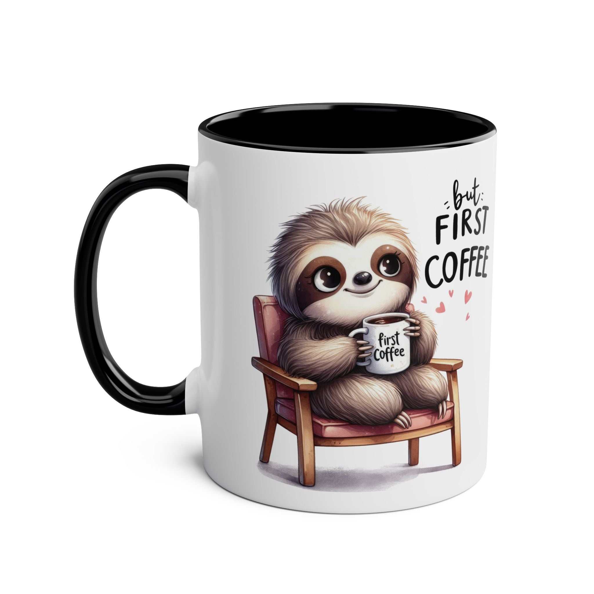 Cute sloth coffee mug with a whimsical sloth design, glossy finish, and "But First Coffee" text.