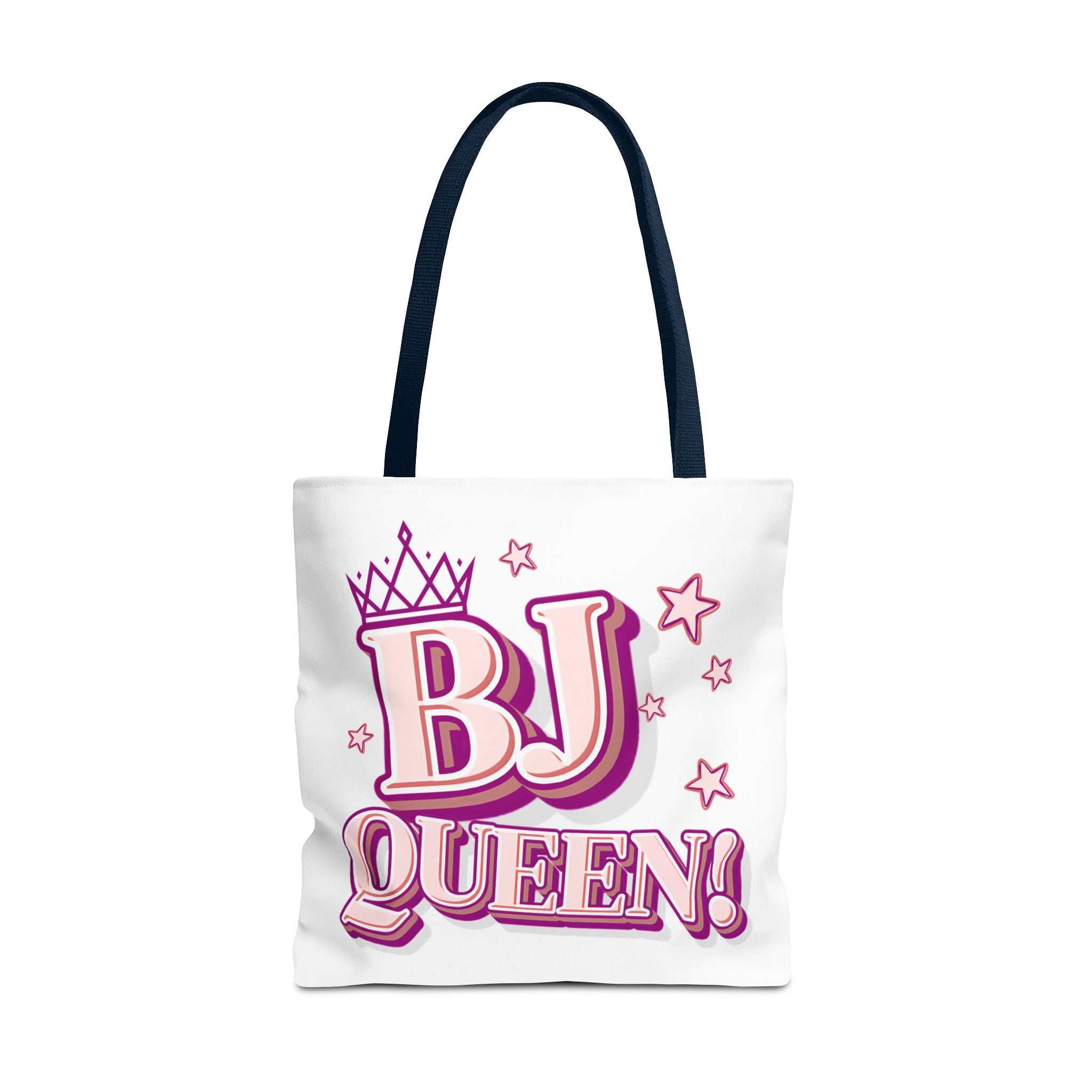BJ Queen Tote Bag with cheeky design, durable spun polyester, and multiple handle colors