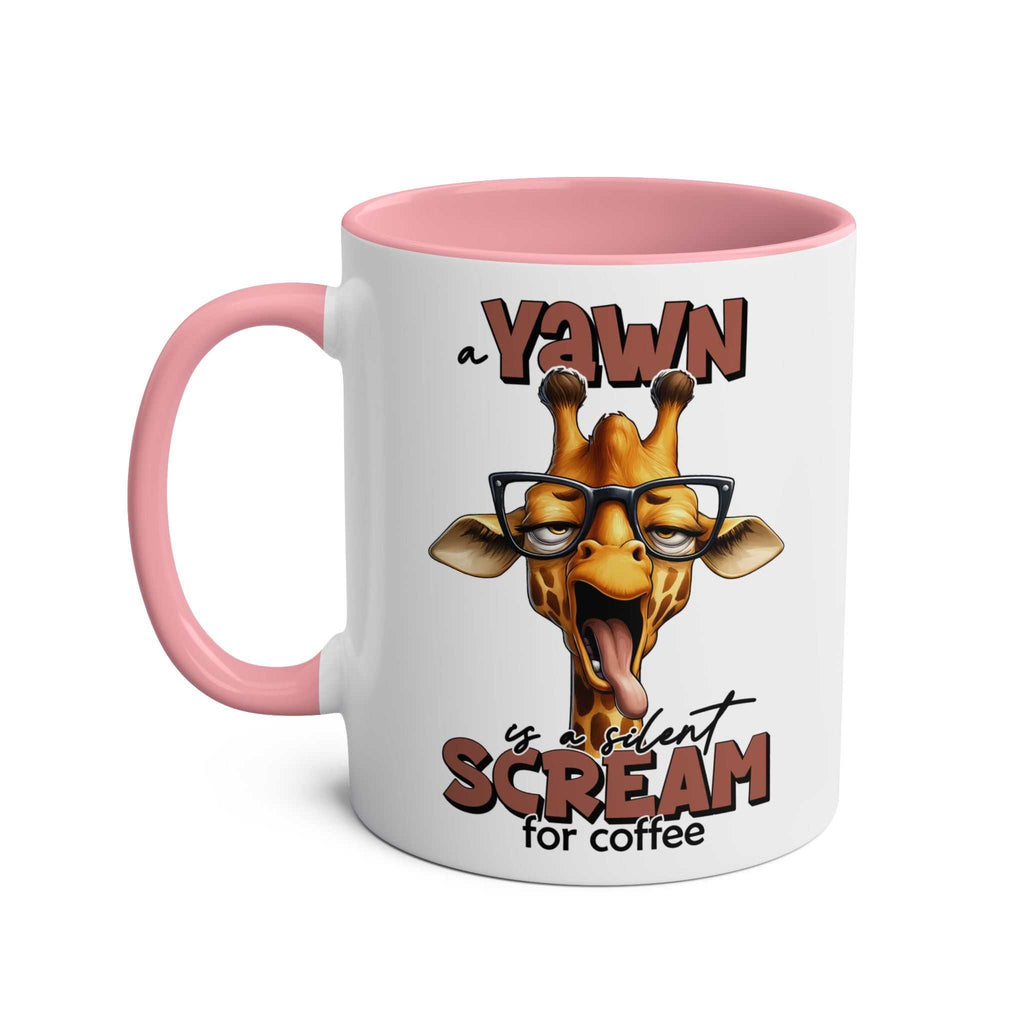 Quirky giraffe design Yawn Coffee Mug with sarky slogan, pink handle, ceramic, glossy finish, sublimation print.