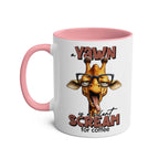 Quirky giraffe design Yawn Coffee Mug with sarky slogan, pink handle, ceramic, glossy finish, sublimation print.