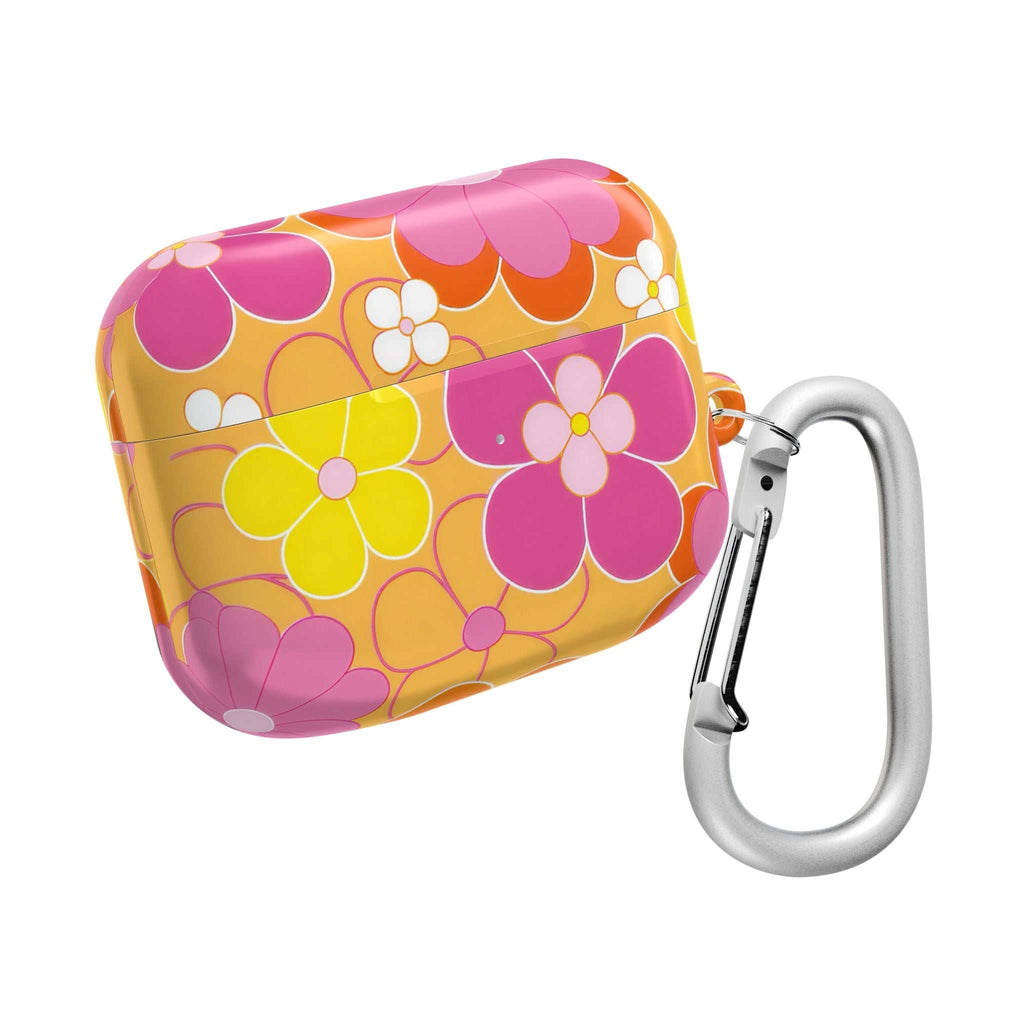 Retro floral patterned hard shell AirPods protective case with vibrant pink, yellow, and orange flowers and attached silver carabiner clip