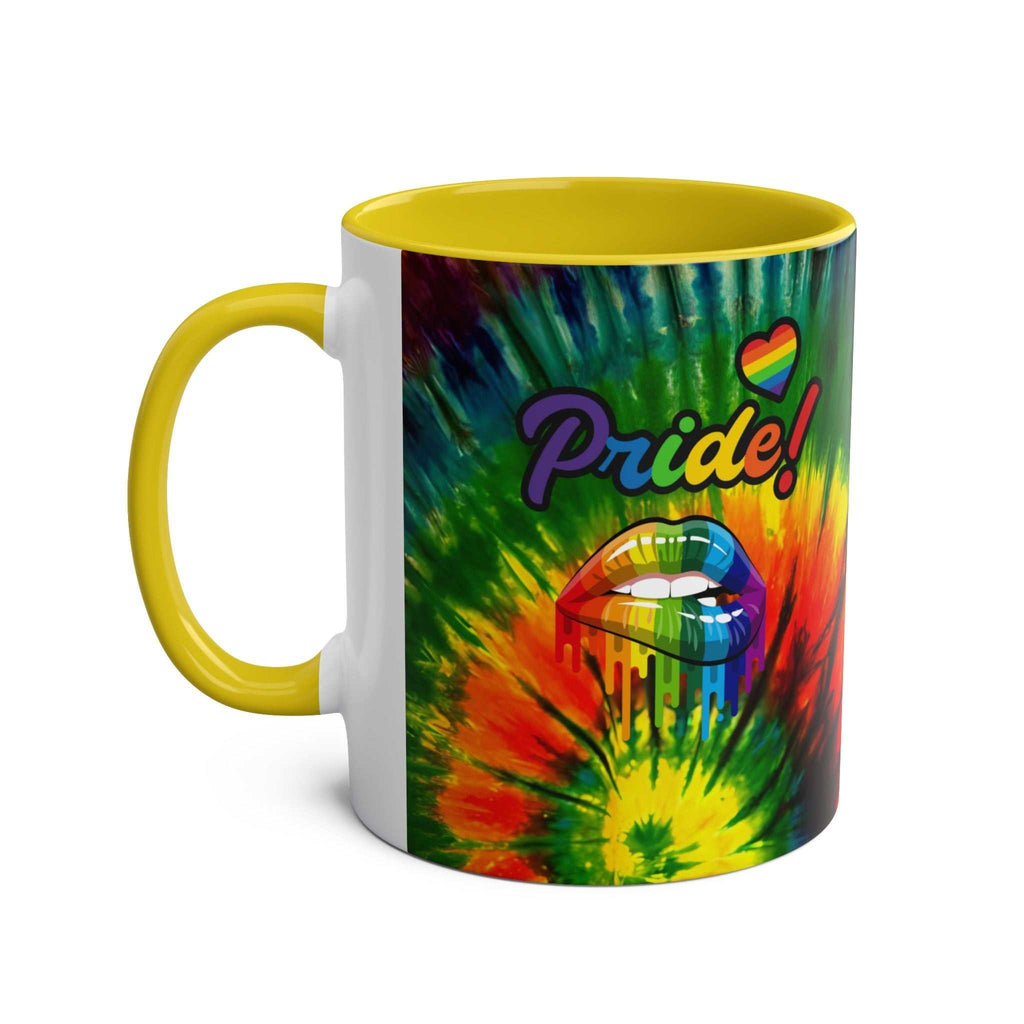 Colorful LGBTQ+ Pride mug with vibrant rainbow design and "Pride!" lettering, yellow interior.