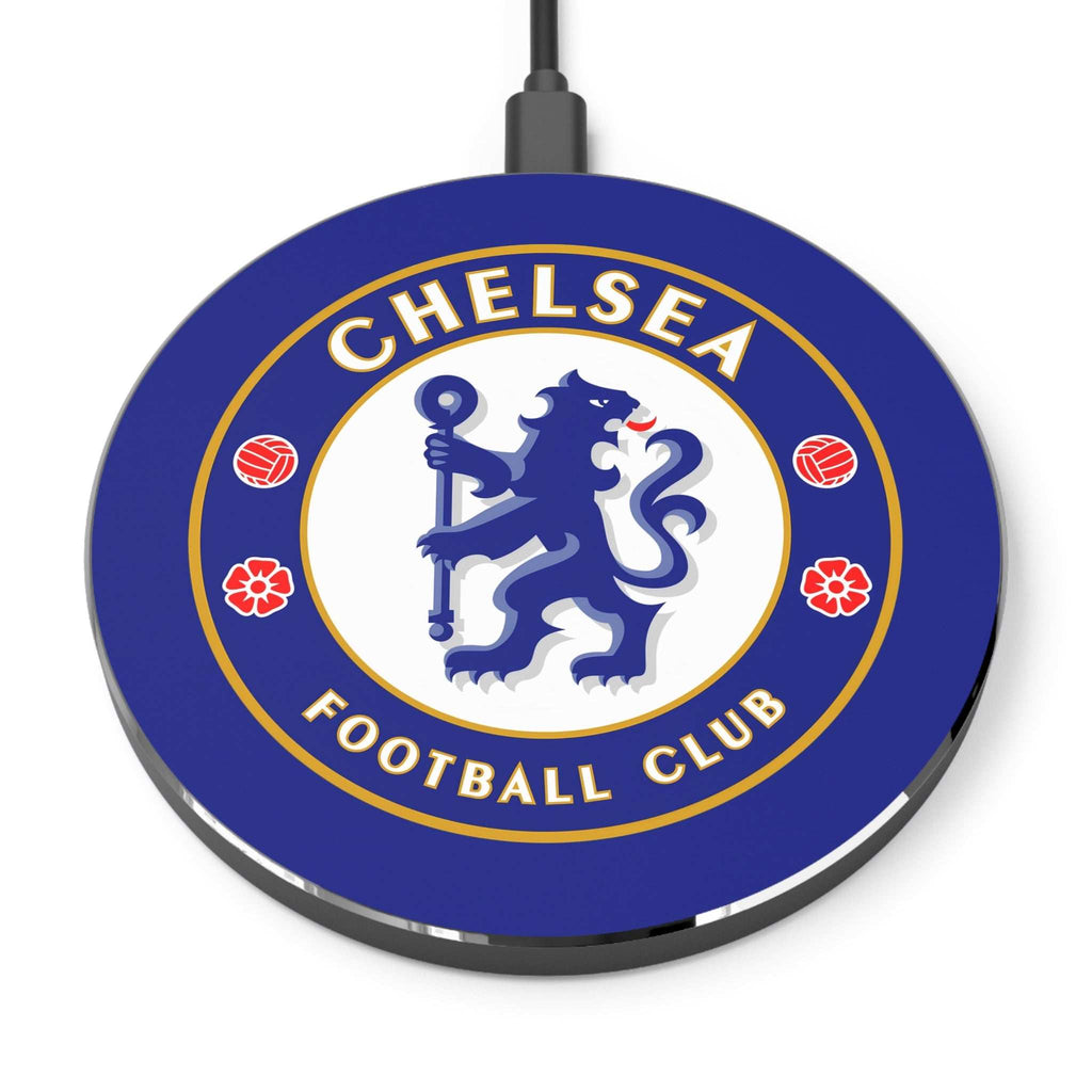 Chelsea FC wireless charger with blue and white lion crest, 10W fast charging, durable aluminium casing, compatible with Qi phones