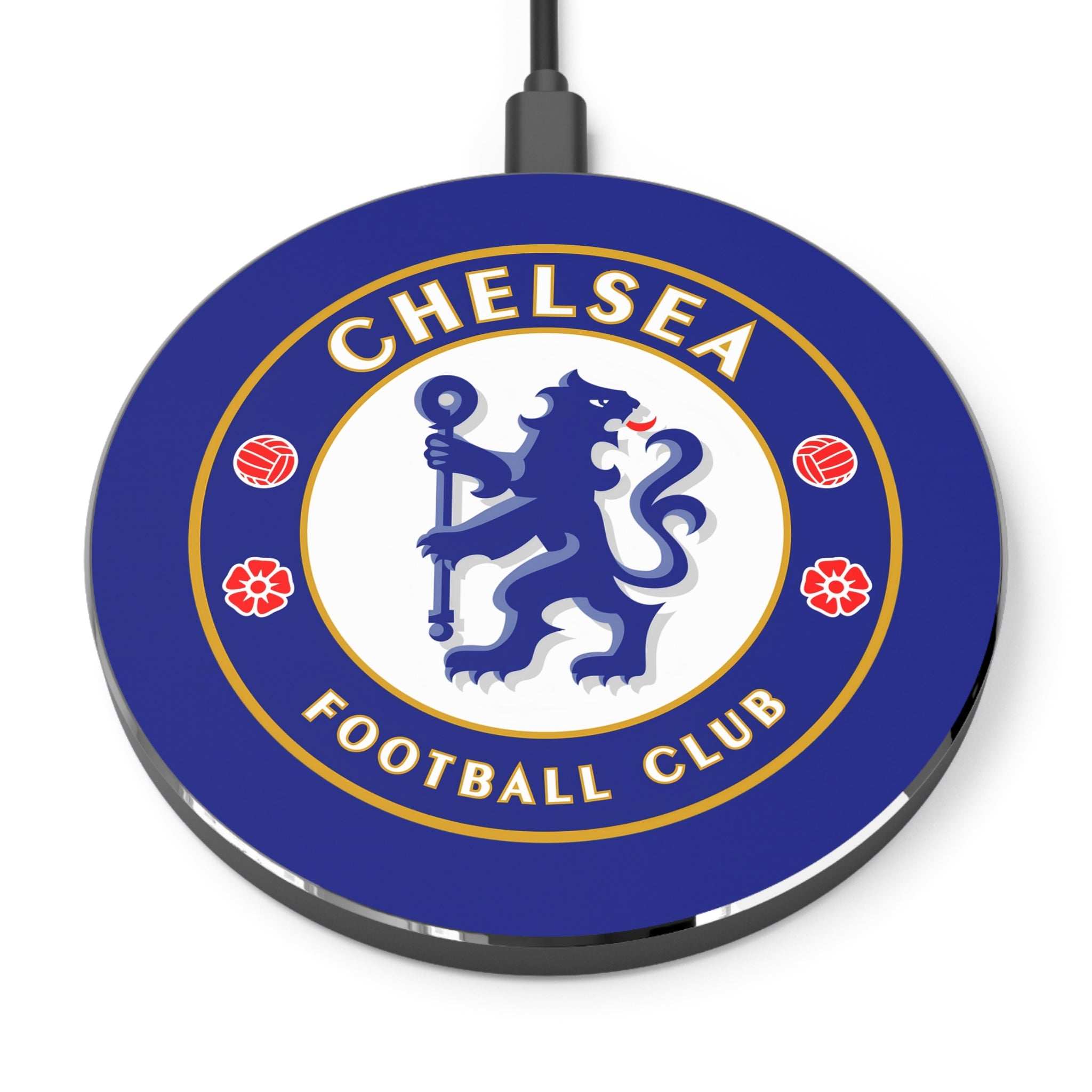 Chelsea FC wireless charger with blue and white lion crest, 10W fast charging, durable aluminium casing, compatible with Qi phones