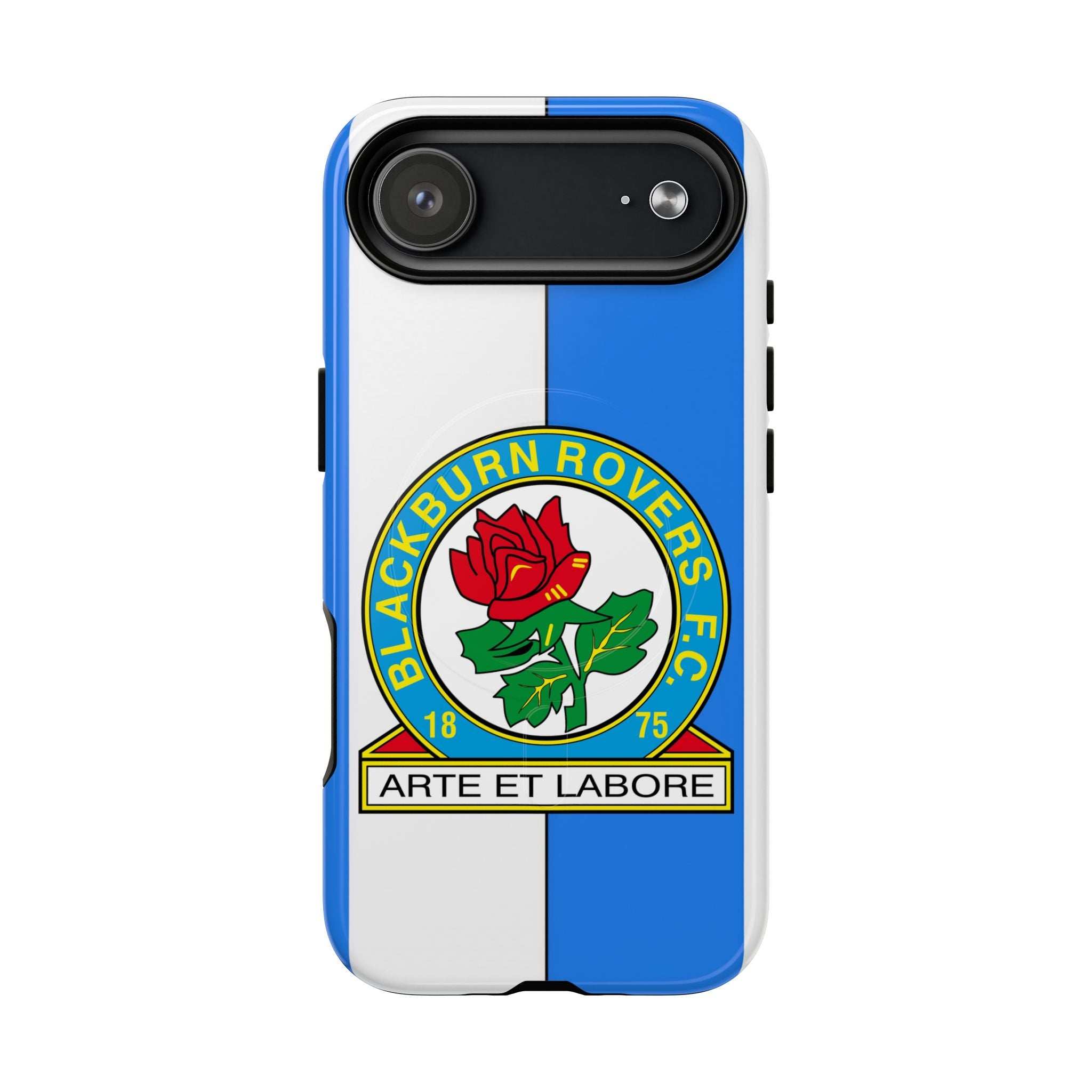 Blackburn Rovers Magsafe iPhone Case with club crest and blue-white design, shock-absorbing dual-layer protection, and MagSafe compatibility