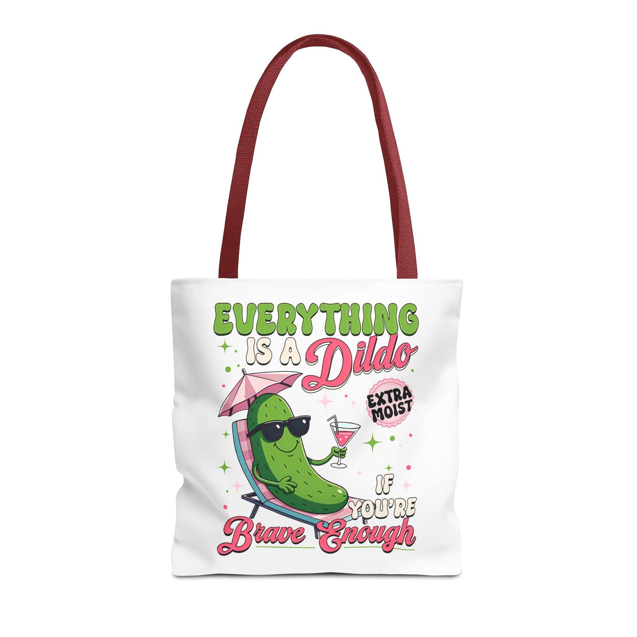 Cheeky Quote Pickle Tote Bag with fun design and colorful handles, durable polyester, three sizes, reusable and lightweight