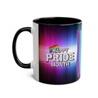 LGBTQ+ Pride mug with vibrant rainbow design and "Happy Pride Month" text.
