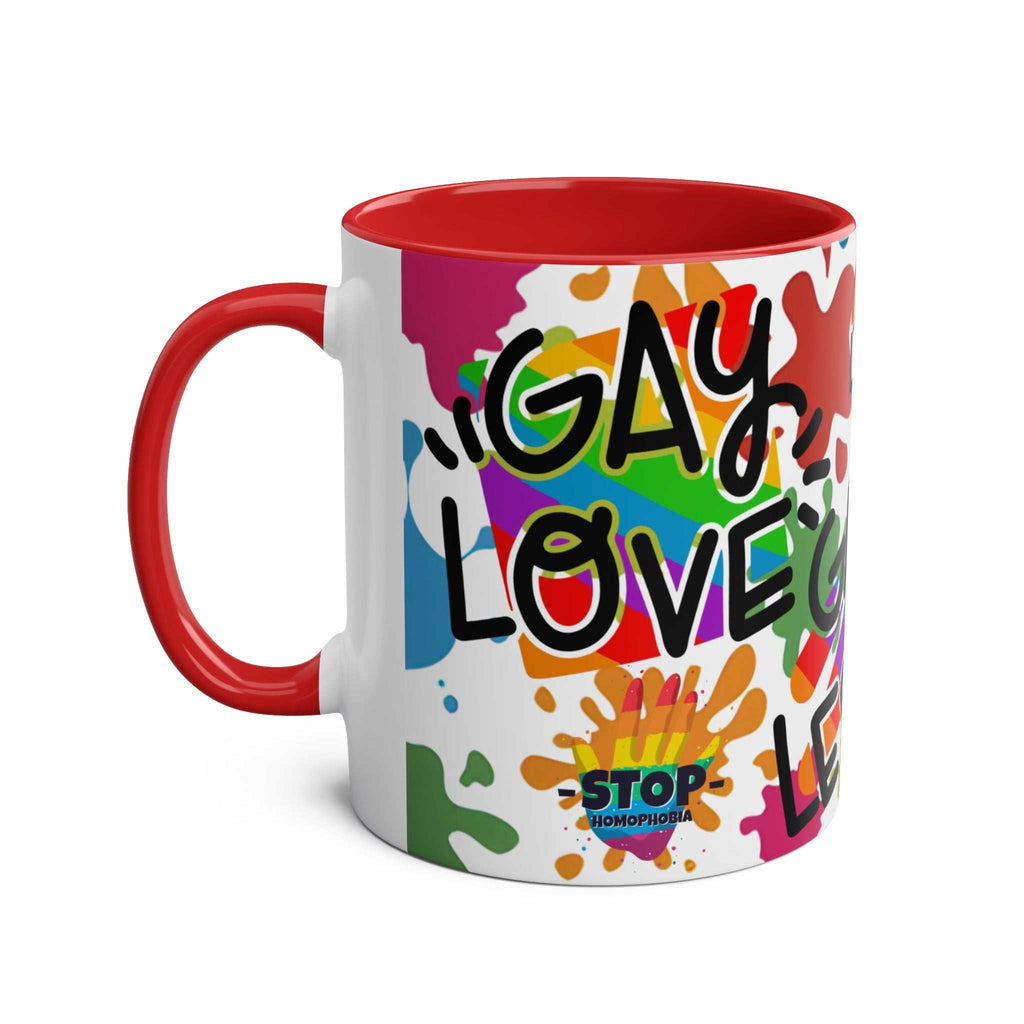 LGBTQ+ Pride Mug with vibrant rainbow design, ceramic, glossy finish, 11oz, microwave and dishwasher safe.