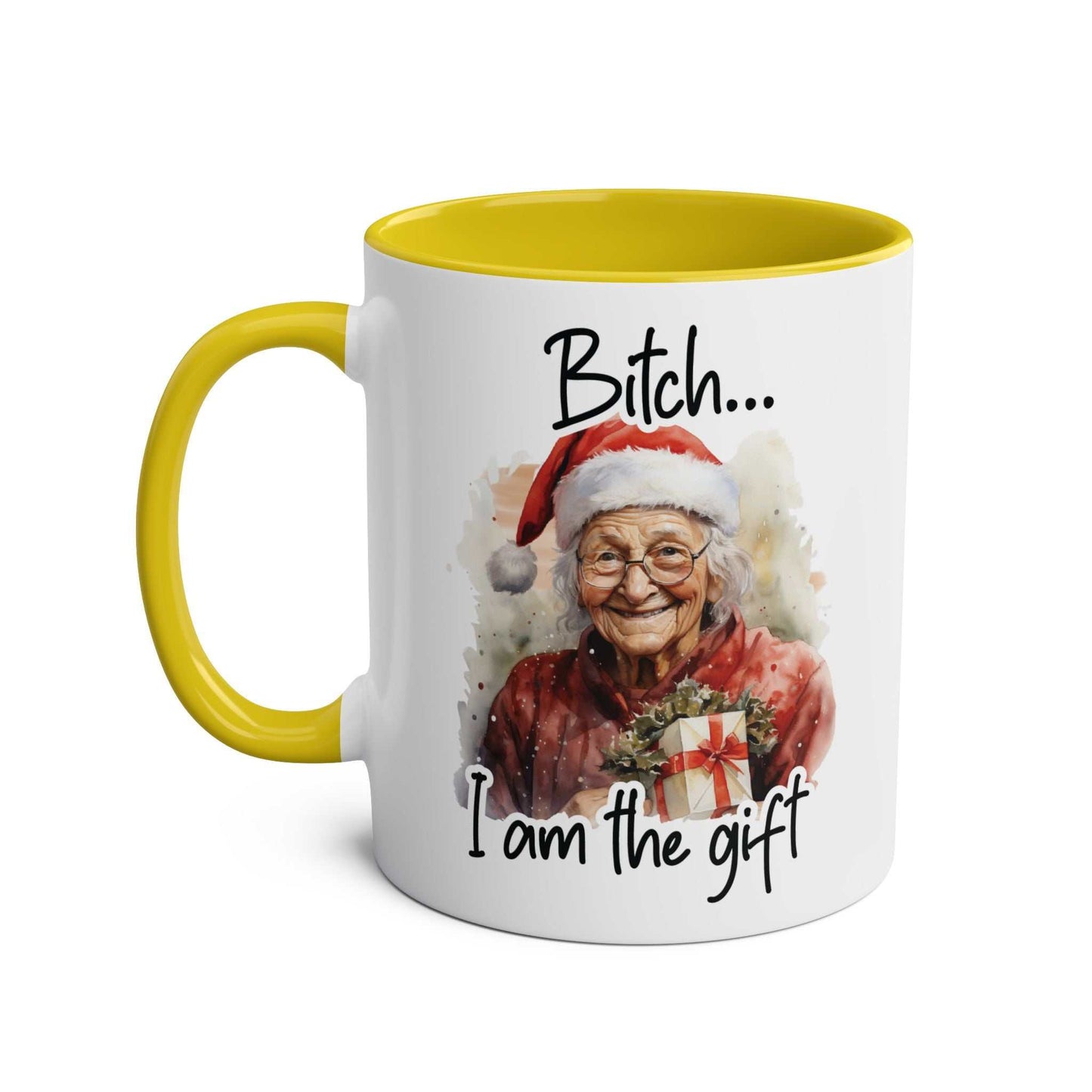 Festive Sweary Granny Christmas Mug with funny holiday design and yellow accent.