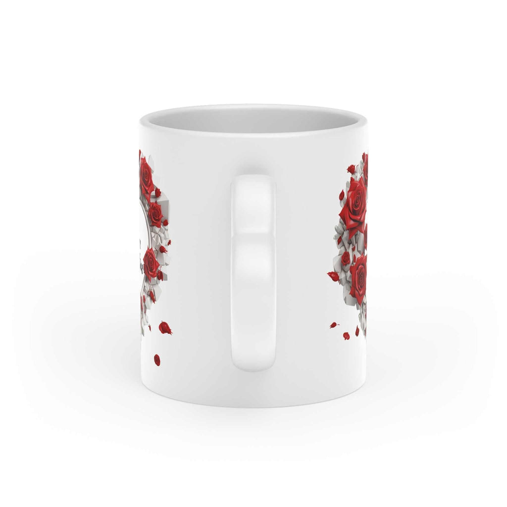 Gorgeous Valentines Day mug with heart-shaped handle, vibrant design, 11oz ceramic, dishwasher and microwave safe.