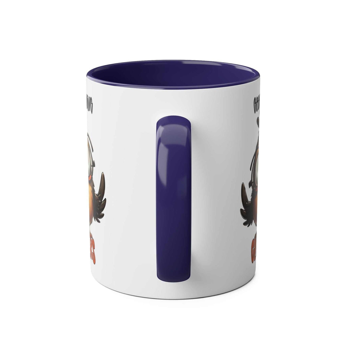 Ceramic coffee mug with quirky chicken design, available in 7 colors, glossy finish, microwave and dishwasher safe.