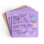 Playful and cheeky Bestie Violet Coaster Set with fun design, high-gloss MDF, cork back, and non-slip features.
