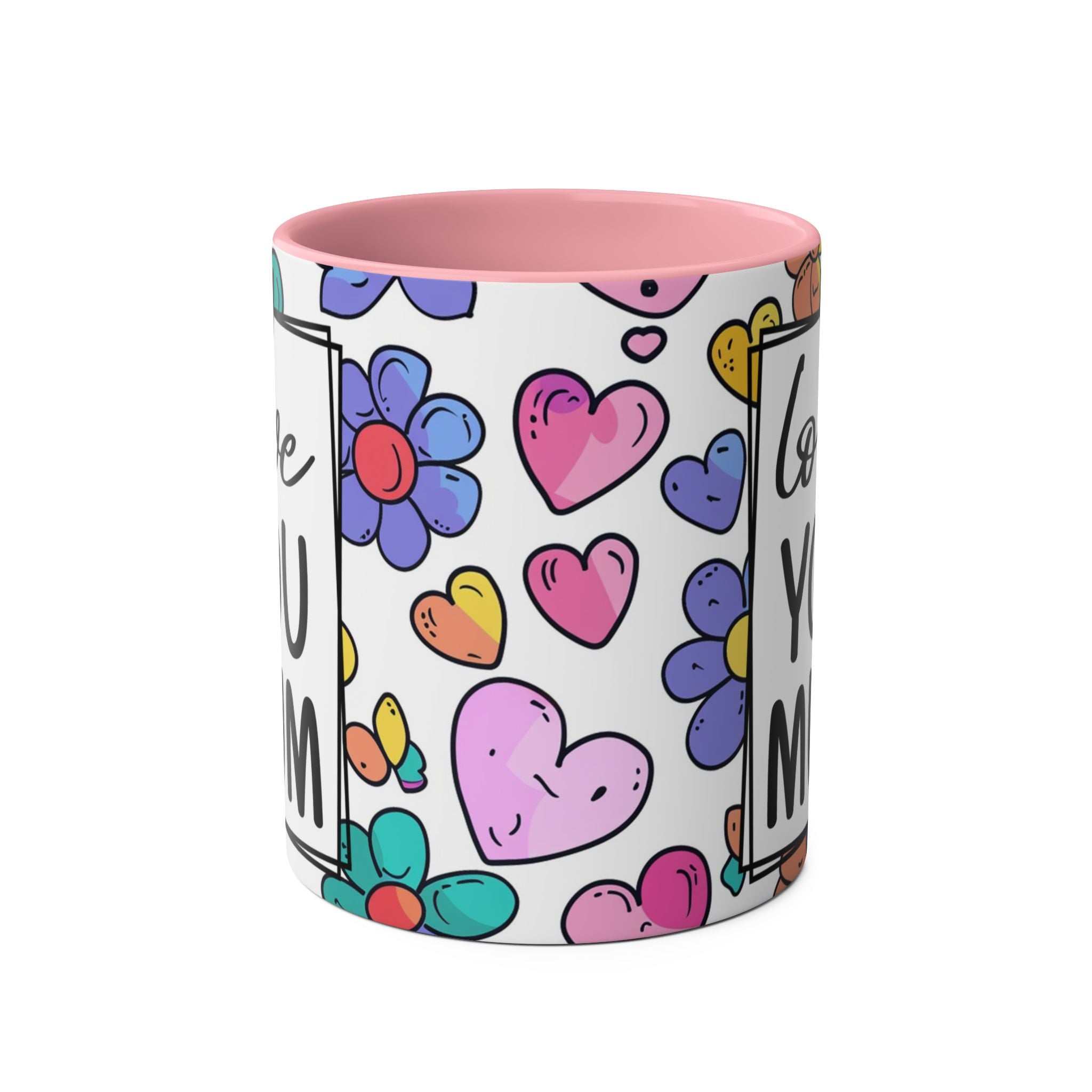 Love You Mum Floral Mug with floral heart design and heartfelt message on glossy ceramic mug