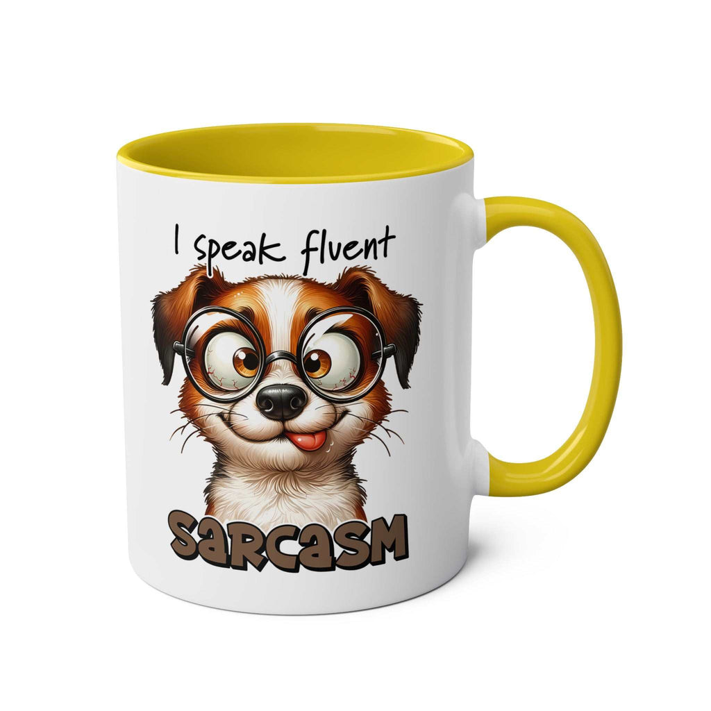 Quirky dog design on sarcasm coffee mug with yellow handle and interior.