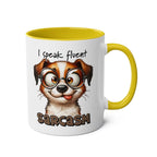 Quirky dog design on sarcasm coffee mug with yellow handle and interior.