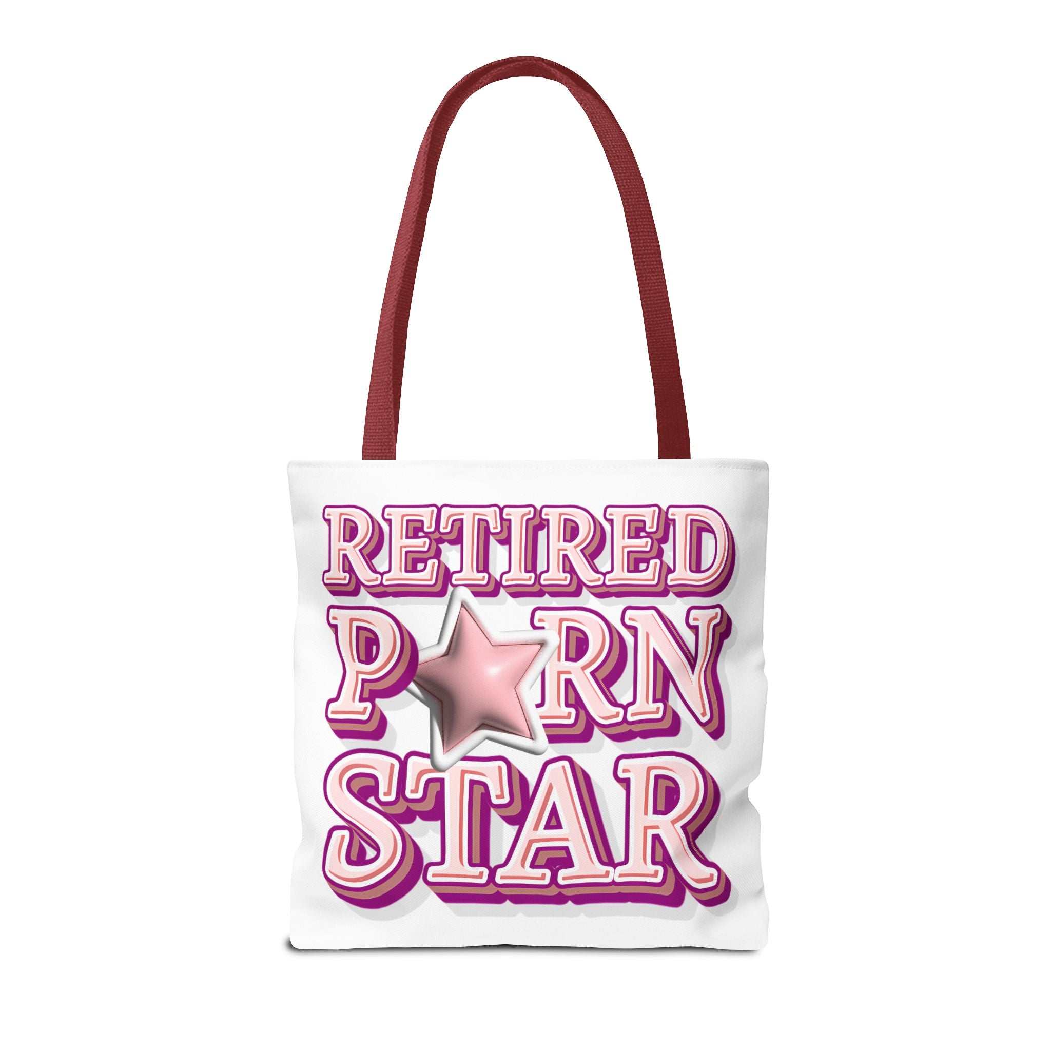 Retired Porn Star Tote Bag with cheeky design, durable spun polyester, multiple sizes and handle colors, perfect for everyday use