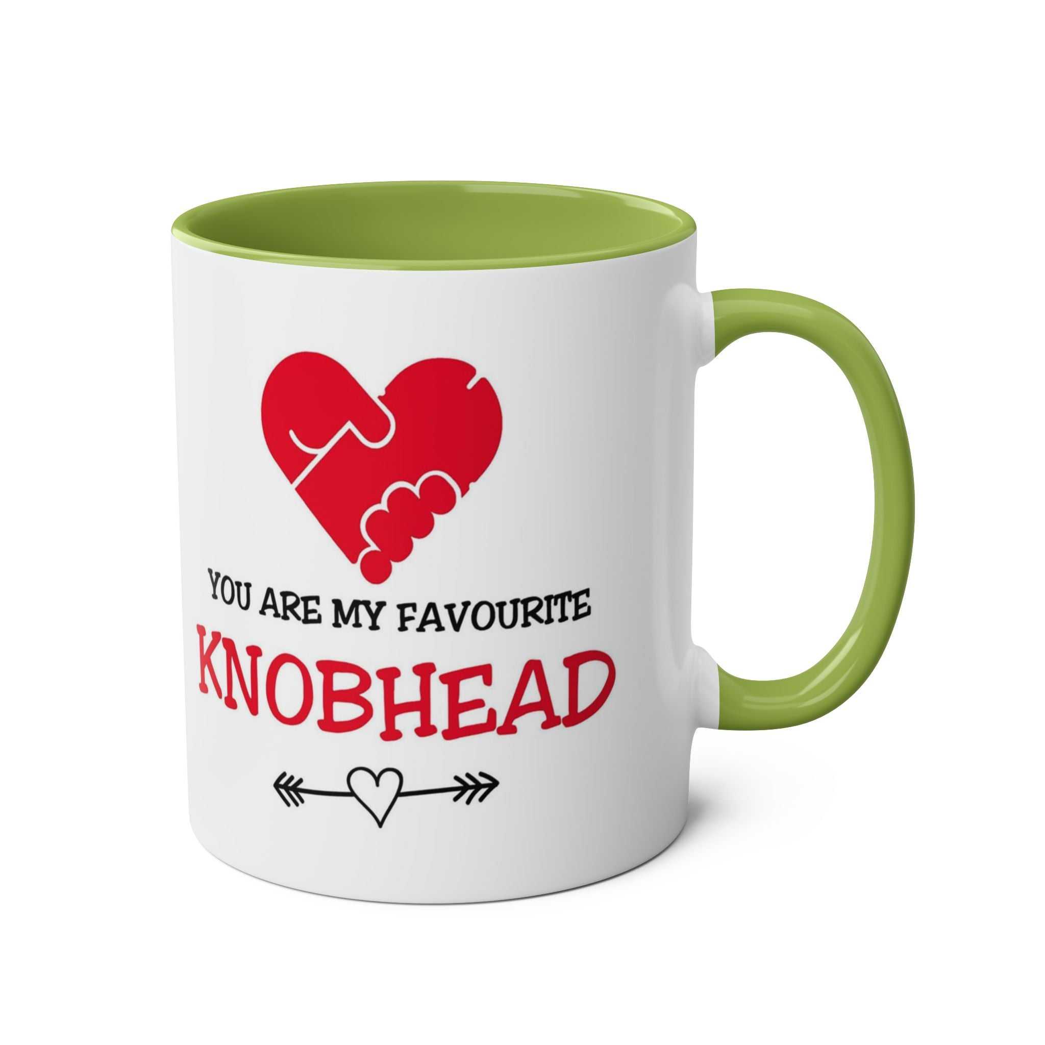Favourite Knobhead Mug white ceramic mug with green handle and interior, humorous Valentine’s Day gift design