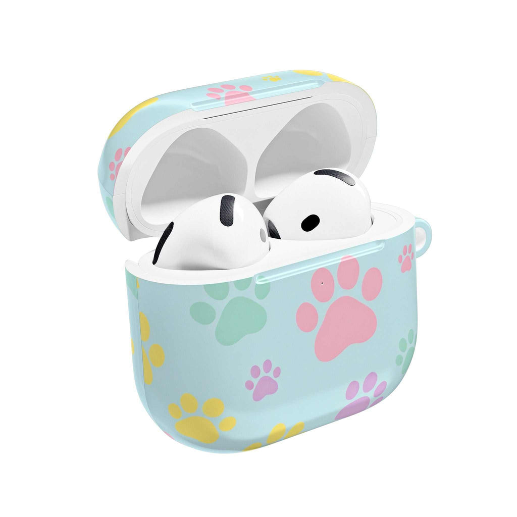 Pastel doggy paw AirPods protective case with vibrant pastel paw prints on a light blue hard shell, compatible with AirPods and AirPods Pro.