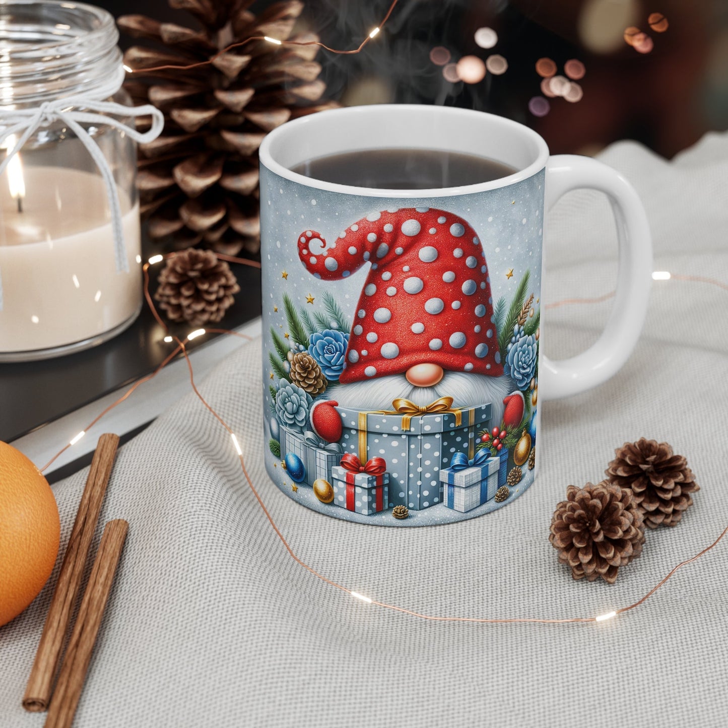 Cute gnome Christmas mug with festive design, perfect for hot chocolate.