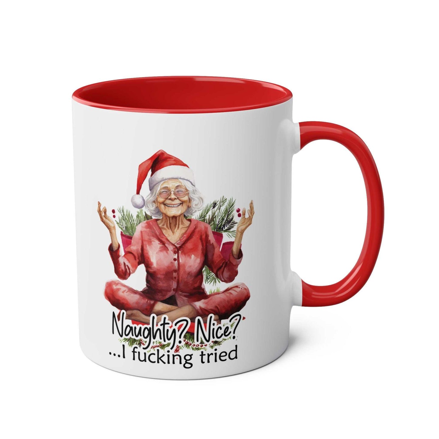 Sweary Granny Christmas Mug with festive design, red handle, and cheeky slogan.