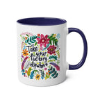 Take Your Fuckery Elsewhere coffee mug with colorful floral design, 11oz ceramic, microwave and dishwasher safe.