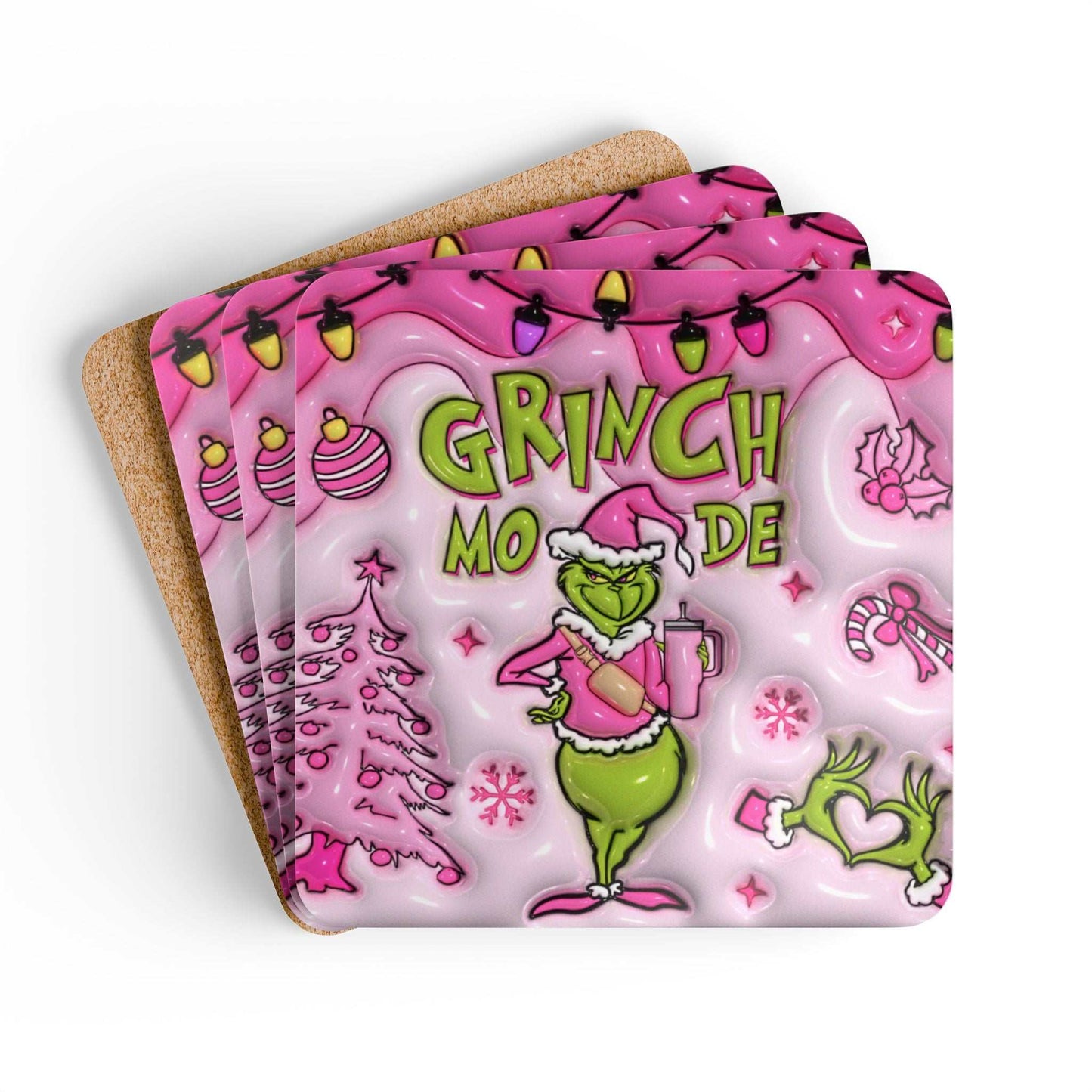 Grinch Mode Christmas Coaster Set with grumpy Grinch design on high-gloss MDF and cork back, festive holiday decor.