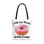 Provocative Donut Tote Bag with cheeky design, durable spun polyester, multiple sizes and handle colors, perfect for errands and casual outings