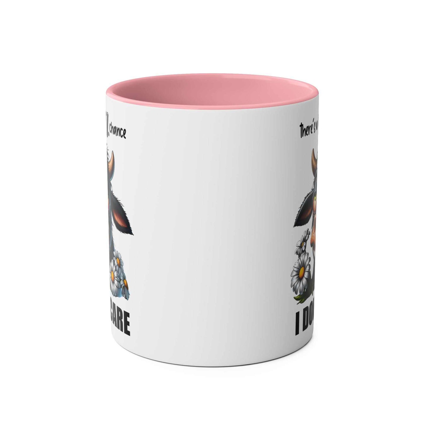 Quirky "I Don't Care" coffee mug with sarky cow design, 11oz ceramic, pink interior.