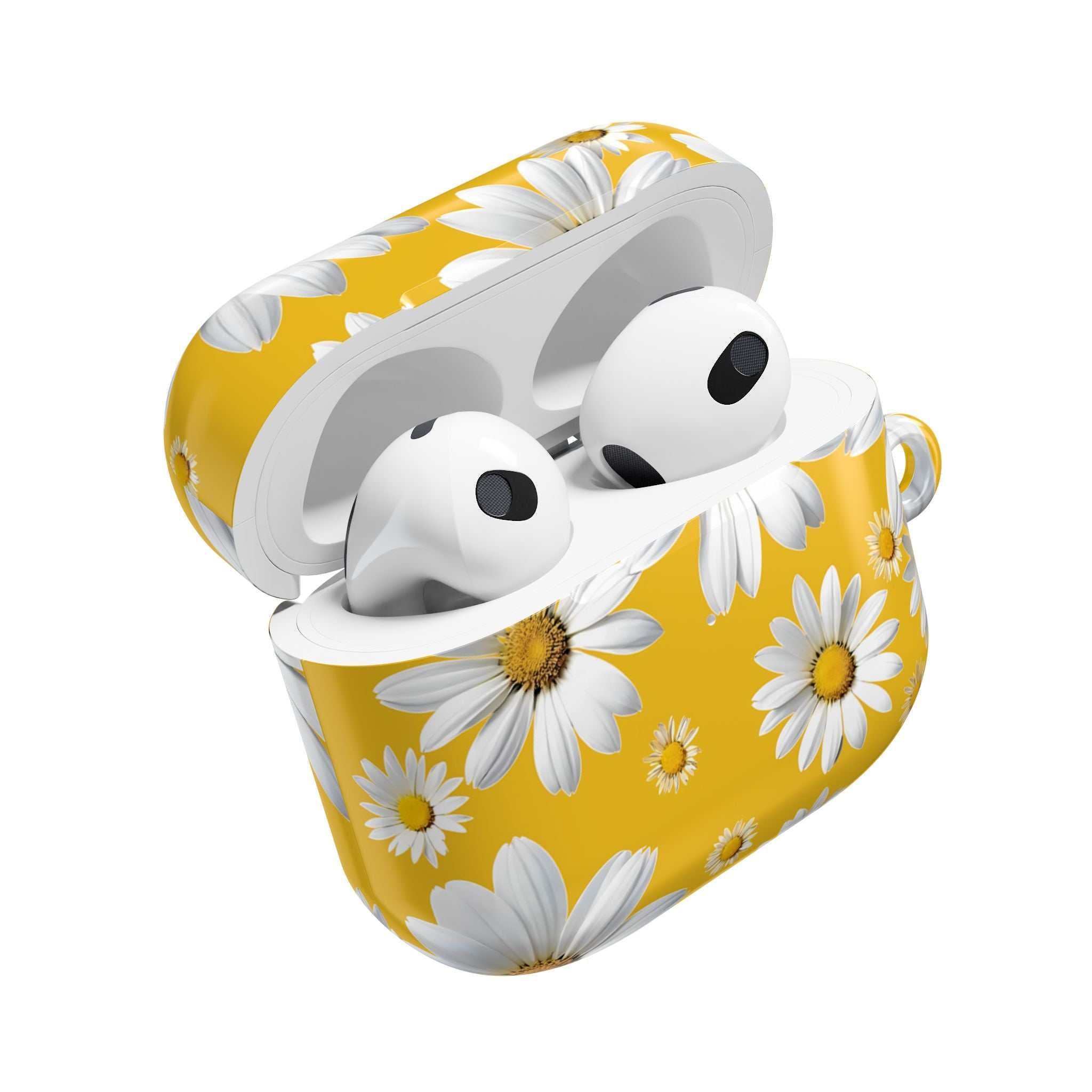 Yellow Daises AirPods Case with white daisy flowers on vibrant yellow hard shell protective cover