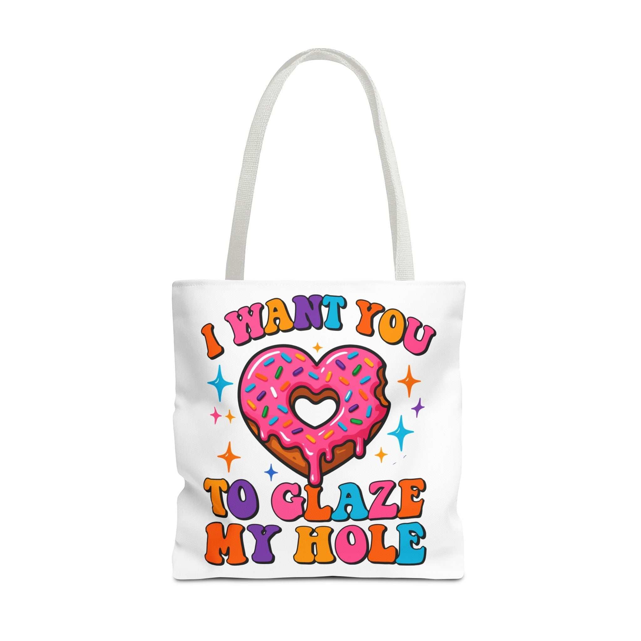 Cheeky Glaze My Hole Donut Tote Bag with colorful handles, durable polyester, and playful donut design for daily use