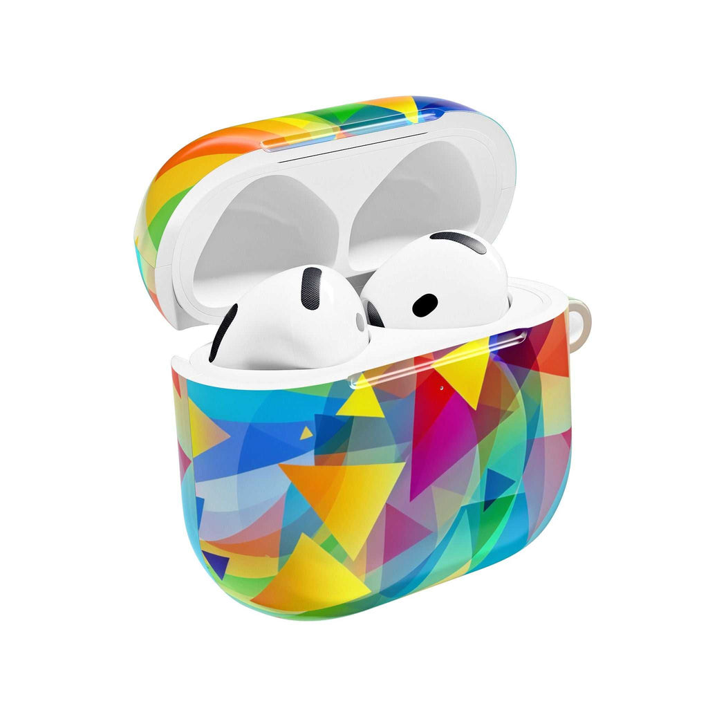 Vibrant geometric pride protective hard shell case for AirPods and AirPods Pro with colorful triangle pattern and glossy finish