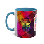 LGBTQ+ Pride Mug with vibrant rainbow design and "Born This Way" text, ceramic, 11oz, blue handle.