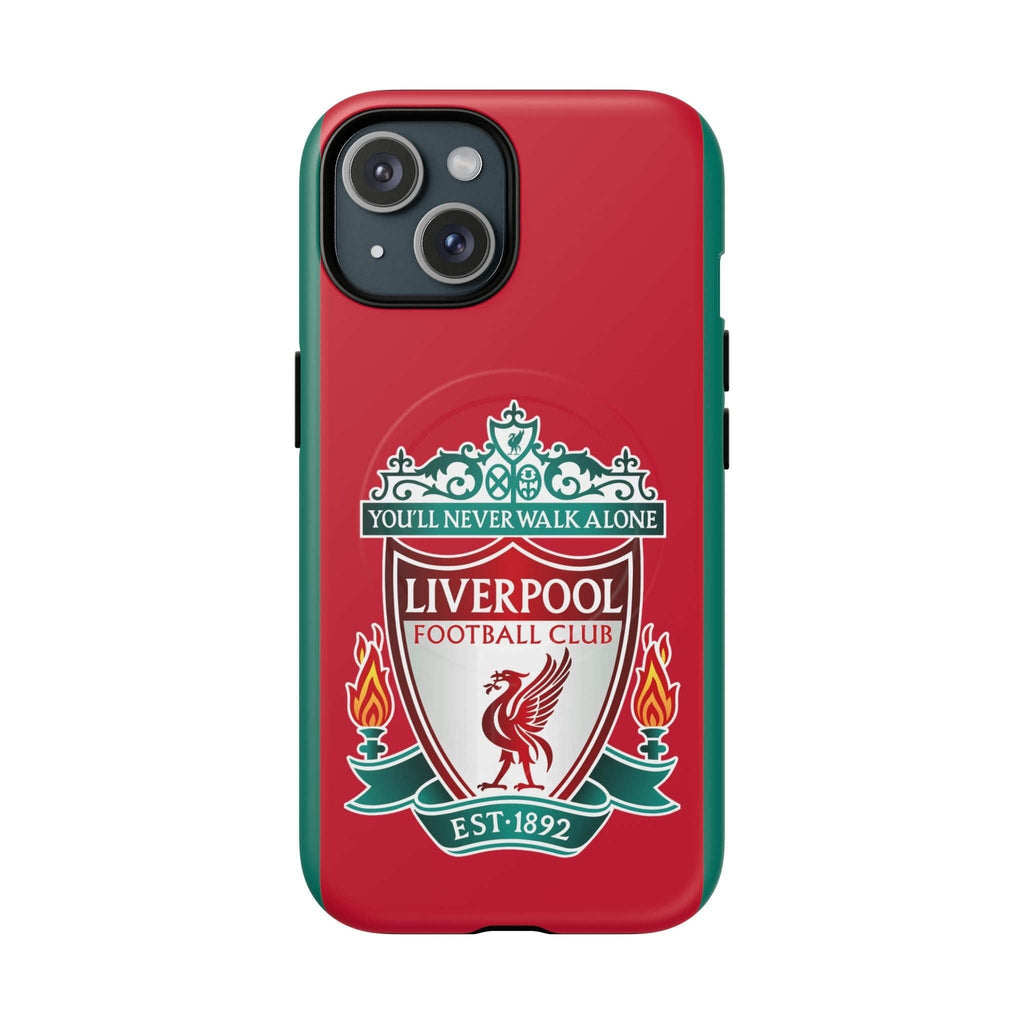 Liverpool FC MagSafe iPhone case with red color and club crest, dual-layer protection, and MagSafe compatibility