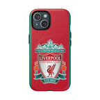 Liverpool FC MagSafe iPhone case with red color and club crest, dual-layer protection, and MagSafe compatibility