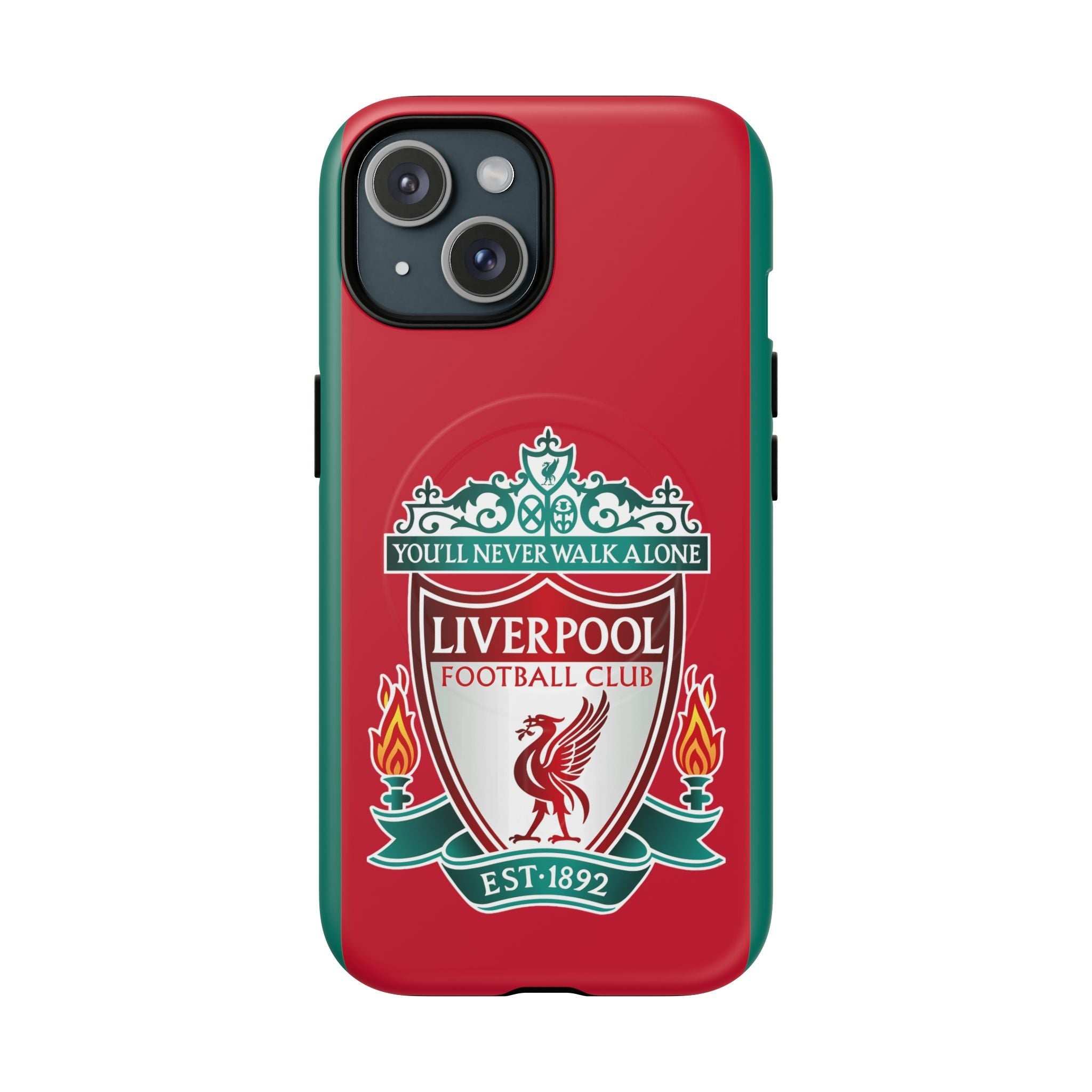 Liverpool FC MagSafe iPhone case with red color and club crest, dual-layer protection, and MagSafe compatibility
