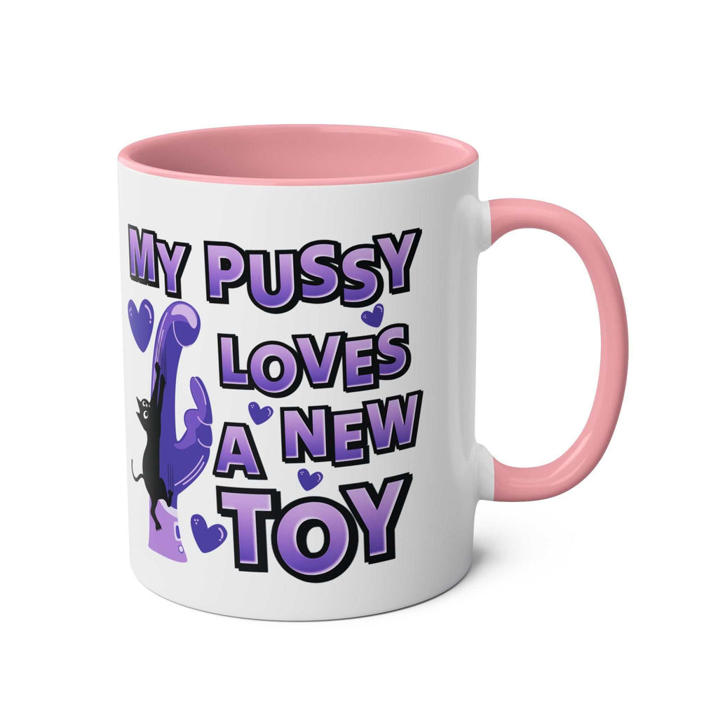 Cheeky Fun Coffee Mug with playful purple text and a black cat graphic on white ceramic with pink handle and interior