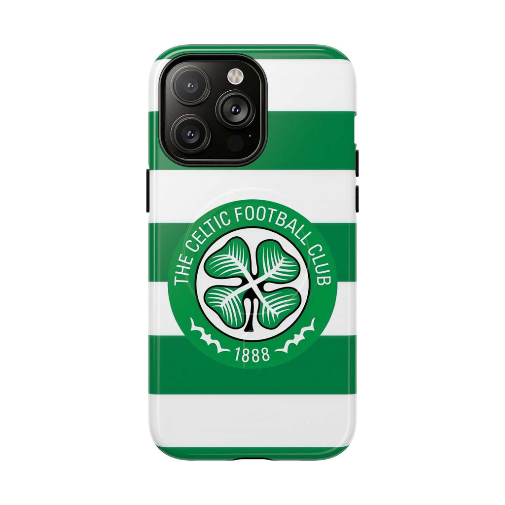 Celtic MagSafe iPhone Case with green and white stripes and Celtic Football Club crest, dual-layer durable protective design with wireless charging compatibility