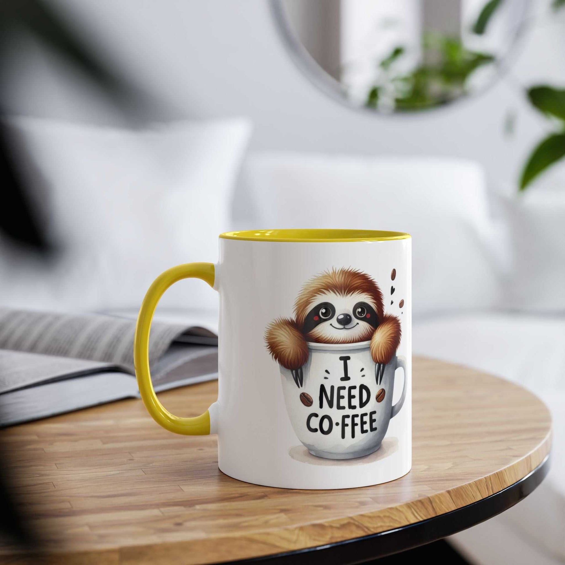 Cute sloth coffee mug with "I Need Coffee" design, featuring a cozy and cheerful vibe, 11oz ceramic.