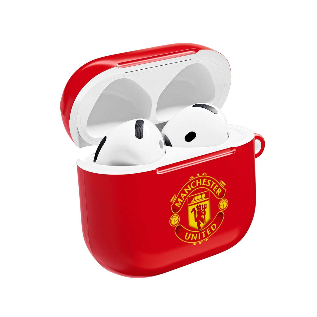 Manchester Utd FC AirPods protective case in red with club crest, shock-resistant and wireless charging compatible